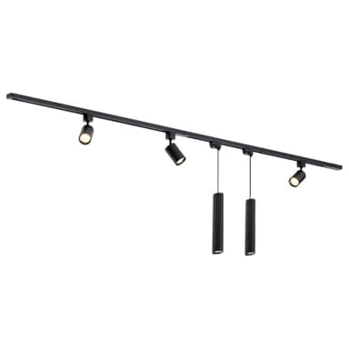 Qub Focus III 1-Phasen Led Schienensystem Komplettset - 300cm - Set 3 Spots und 2 Pendelleuchten - 3x 1m Schienen - I-Form - GU10 & LED-Kompatibel - Erweiterbar & flexibel - Spot lampe - Schwarz