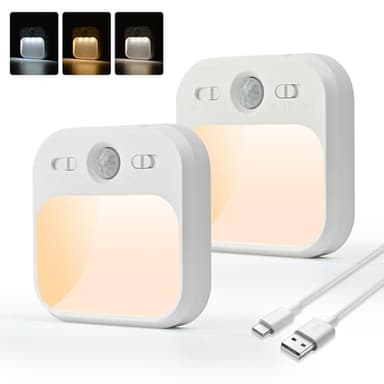 AmmToo Nachtlicht mit Bewegungsmelder - 2 Stück USB-C aufladbar LED Nachtlicht Dimmbares Helligkeit Einstellbare 3 Modi (AUTO/AUS/EIN), Warmweiß LED Nachtlampe für Kinderzimmer, Gang, Treppe, Küche