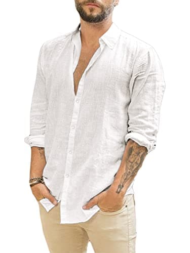 Runcati Herren Langarm Leinenhemd Umlegekragen Hemd Business Freizeithemd Sommer Shirt, Weiß, M