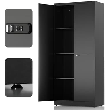 LHForgetech Aufbewahrungsschrank mit 2 Türen, Stahlspind, Abschließbarer Metallschrank mit Zahlenschloss, Verstellbare Regale, 180x80x40 cm, Mehrzweckschrank für Büro Garage & Haushalt, Schwarz