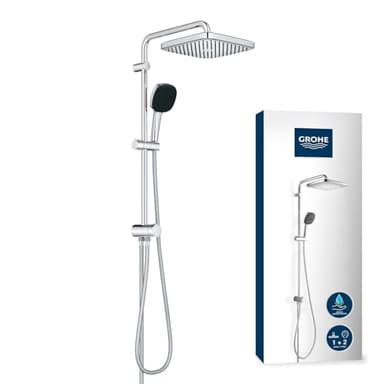 GROHE Vitalio 250, Duschset ohne Armatur, wassersparend, 8l pro Min (Regendusche für vorhandene Duscharmaturen, Duschkopf 2 Strahlarten, Duschstange 74cm, Duschsystem), eckig, chrom, 26698001