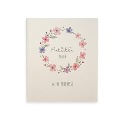 hellomini Zeugnismappe A4 personalisiert, Ringordner mit Namen, Leinen-Ordner für Schulzeugnisse, Geschenk Einschulung Mädchen & Jungen, Schulordner (Blumenkranz Bunt)