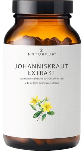Naturkur® Johanniskraut 500mg 10:1 Extrakt (5000mg reines Johanniskraut) - 240 Kapseln im Apothekerglas - Hypericin & Hyperforin, vegan, ohne Zusatzstoffe, in Handarbeit hergestellt