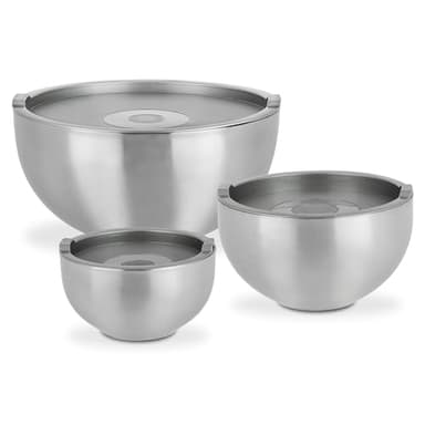 GSW Servier-Thermoschüssel – hochwertiges Servierschüssel-Set bestehend aus 3 Schüsseln mit Deckel, doppelwandige Isolierung warm und kalt – Edelstahl, rostfrei, 6-teilig, Silber