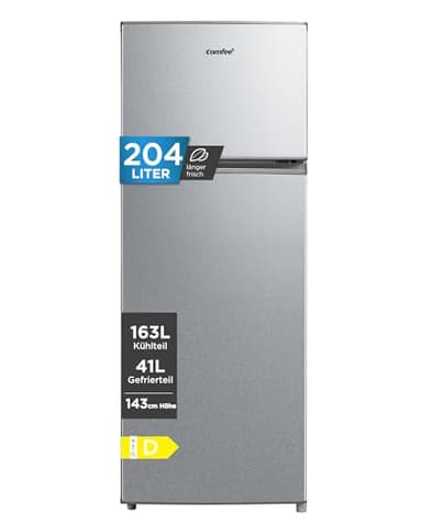 Comfee' Kühlschrank mit Gefrierfach | 204L Kühl-Gefrierkombination, 143 cm Höhe | 137 kWh/Jahr, Low Frost, Leise 39 dB, LED-Licht, Inverter Kompressor, Freistehend Silber RCT210DS3EU(E)