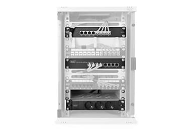 DIGITUS 10-Zoll Set - Netzwerk-Schrank 9HE Grau - Fachboden - Steckdosenleiste - 8-Port Patch-Panel - 8-Port Gigabit-Switch