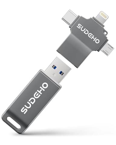 SUDEHO MFi-zertifizierter USB Stick 128 GB für iPhone, 4-in-1 Speicherstick mit USB 3.0 High-Speed, Flash-Laufwerk für iPhone/iPad/Android/PC/Mac, Backup Stick für Fotos, Videos & Musik, Schwarz