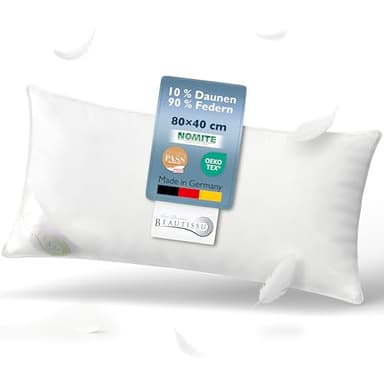 Beautissu Daunenkissen 40x80 – Kopfkissen 80x80 Daunen & Federn 100% Made in Germany – Federkissen 40 x 80 cm – Oeko-Tex, Downpass & Nomite Zertifiziert – Waschbar & Trocknergeeignet – FK