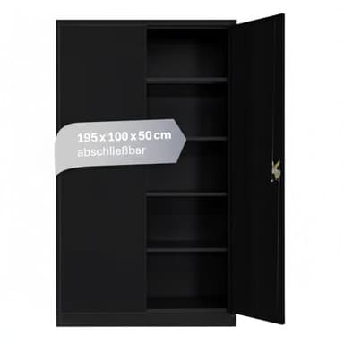 LagerZwei Mehrzweckschrank 195x100x50cm I Metallschrank, 4 Fachböden I Großer Aktenschrank, abschließbar I Robuster Allzweckschrank als Werkstattschrank & Büroschrank I Stahlschrank schwarz