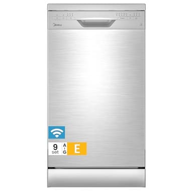 Midea SF 3.45N PRO Geschirrspüler, freistehend und unterbaufähig, 9 Maßgedecke, WLAN, 5 Spülprogramme, 47 dB, 3/6/9h Startzeitvorwahl, Inox, Silber