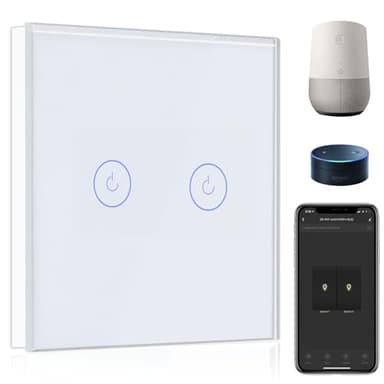 BSEED Smart Lichtschalter 2 Fach 1 Weg Wifi Smart Lichtschalter arbeitet mit Amazon Alexa and Google Home,Touch Wandschalte Glas Touchscreen-schalter Weiß(Erforderlich NeutralDraht)