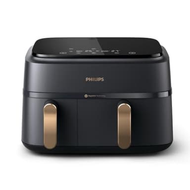 Philips Airfryer Dual Basket 3000 Series Heißluftfritteuse, 9L, 2 Körbe, 2 Gerichte gleichzeitig, RapidAir Plus Technologie, 90% weniger Fett, Energieeffizient, HomeID App (NA352/00)
