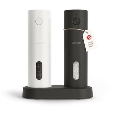LARS NYSØM Salz und Pfeffermühlen Elektrisch Set I Keramikmahlwerk fein bis grob I USB Wiederaufladbar mit Ladestation I Automatische Salz und Pfefferstreuer I Gewürzmühlen Set (Black/White)