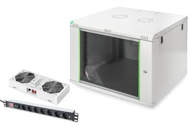 DIGITUS Set: 19" 7HE Netzwerkschrank + Dachlüfter + 7-Port Steckdosenleiste // 19 Zoll Rack – Wandmontage – 600mm Tiefe – Traglast 60kg – Nutztiefe 320-450 mm – Dynamic Basic Serie – Grau