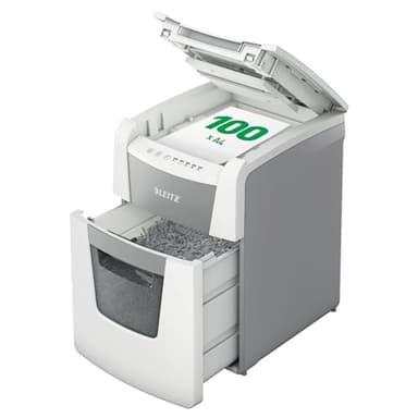 Leitz IQ Autofeed Small Office Aktenvernichter, 100 Blatt Papierstapel schreddern, Zeit sparen mit automatischem Einzug, Mikroschnitt P5, 34L Abfallbehälter, Leiser Betrieb für Büro, 80120000