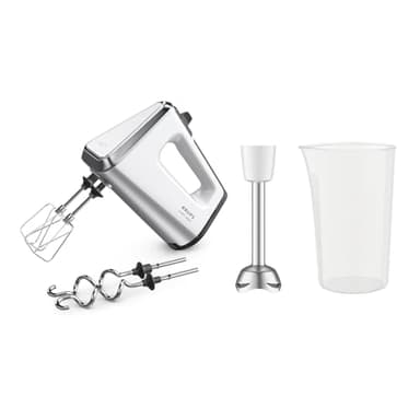 Krups 3 Mix 9000 Handmixer, 750 Watt, Geschwindigkeitsregler, Turbomodus, ergonomischer Griff, Handrührgerät inkl. Schneebesen, Knethaken, Pürierstab-Aufsatz, Messbecher, weiß/silber, GN9121