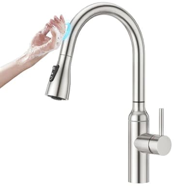 CREA Touch Sensor Wasserhahn Armatur Küche ausziehbar, Küchenarmatur mit Brause drei Wasserstrahlarten, Hochdruck Einhebelmischer Spültischarmatur 360° Schwenkbar aus Edelstahl, gebürstet matt