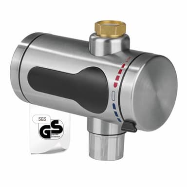 HOBERG elektrischer Universal Durchlauferhitzer – kompakt und aus Edelstahl | sofort Warmwasser im Außenbereich | Wasserhahn für draußen – z. B. für Outdoor Küche, Camping Dusche etc. | 220–240 V