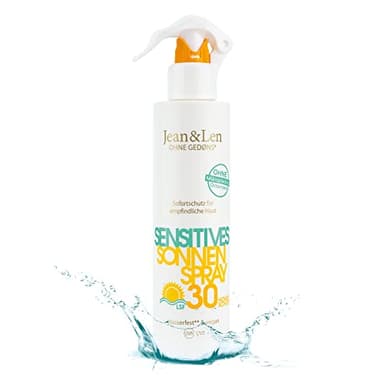 Jean & Len Sensitiv Sonnenspray 30 LSF wasserfest, für empfindliche Haut, ohne Silikone, Nanopartikel, Octocrylen, Mikroplastik, Mineralöl, Duft- & Farbstoffe, vegan, Sonnencreme Spray 250 ml