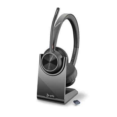 Schnurloses Poly Voyager 4320 UC-Headset und Ladestation – Stereo-Kopfhörer mit Noise Cancelling-Mikrofonarm – Verbindung mit PC/Mac/Mobiltelefon über Bluetooth – Kompatibel mit Teams, Zoom & mehr