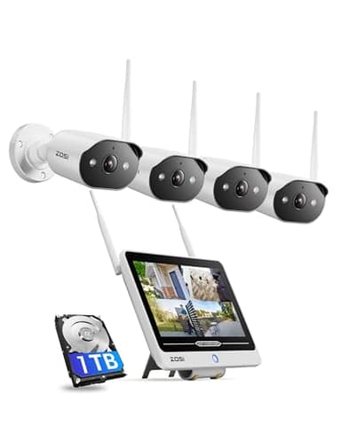 ZOSI 2K Wi-Fi 6 Überwachungskamera Set Aussen mit 12" Monitor NVR, 1TB HDD, 4X 3MP WLAN Kamera mit 2 Wege Audio, KI Personenerkennung, Farbnachtsicht