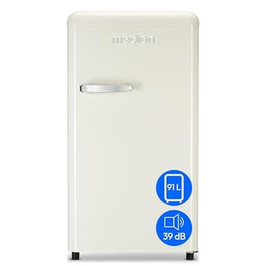 MEDION Retro Kühlschrank (91 Liter, 91cm Höhe (höhenverstellbare Füße), höhenverstellbare Glasablagen, transparente Gemüseschublade, freistehend, Türanschlag rechts, Metall Türgriff, MD37800) cream