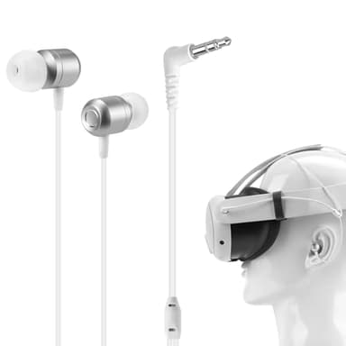 GEEKRIA VR-Headset-Audiokabel kompatibel mit Meta Quest 3, Kurze Ohrhörer mit Ohrstöpseln in Größe S/M/L, 3,5-mm-Aux-360-Grad-Sound-Ohrhörer für Virtual-Reality-Gaming-Headset (Silber)