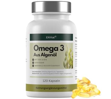 EXVital® Omega 3 aus Algenöl, vegan, 120 Softgel Kapseln, 2000mg Algenöl mit 600 DHA & 300mg EPA pro Tag, aus nachhaltigen Algen gewonnen, hochdosiert & laborgeprüft