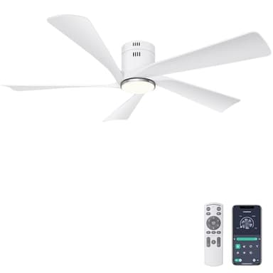 Ohniyou 132 cm (52 Zoll) Deckenventilator mit Beleuchtung, LED-Lichtern, Fernbedienung und App-Steuerung, Deckenventilator für den Außenbereich, dimmbar, leiser DC-Motor,Weiß