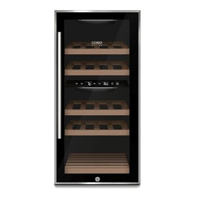 Caso WineComfort 24 black, Weinkühlschrank für 24 Flaschen, 2 Zonen auf 5-20°C einstellbar,Sensor- Touch, LED beleuchtet freistehend, UV-Filterglas, Schwarz