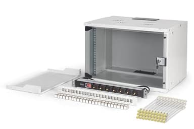 DIGITUS 19 Zoll Netzwerk-Set – 7HE Netzwerkschrank SOHO PRO – 1HE Fachboden – 24-Port Patch Panel – 24 Keystone Module – 30 Patchkabel – Steckdosenleiste – unmontiert – Grau
