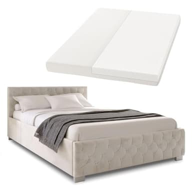 Juskys Polsterbett Nizza 120x200 cm mit Matratze, Bettgestell mit Lattenrost, Stauraum & LED Beleuchtung, Samtbezug, Chesterfield-Steppung, Beige