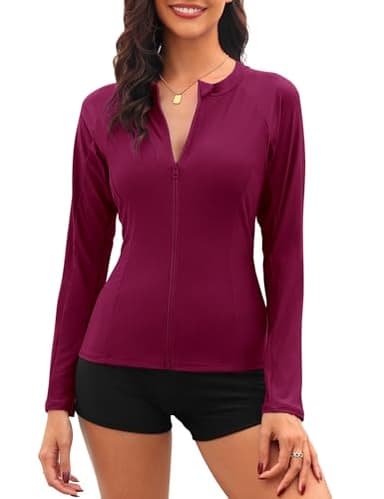 Tuopuda UV Shirt Damen Schwimmshirt Langarm Rash Guard mit Zip UPF 50+ UV Schutz Rashguards Badeshirt Langarmshirts Sportshirt für Wasser Strand Surfen Schwimmen S-XXL, Weinrot, S