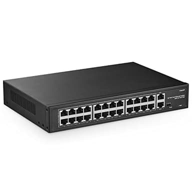 24 Port PoE Switch, 10/100Mbps PoE+ Ports, 2 Gigabit Ethernet Uplink, IEEE802.3af/at, Max 300W, VLAN & PoE Extend 250m, RackMount Fanless Unmanaged Ethernet Switch