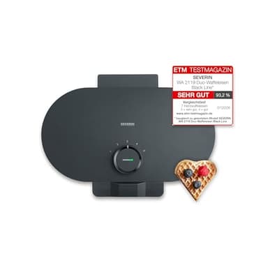 SEVERIN Duo-Waffeleisen Black Line, Doppelwaffeleisen für Herzwaffeln, PFAS-freie Beschichtung, mit Kontrollleuchte, praktische Kabelaufwicklung, 1.200 Watt, schwarz-matt, WA 2119