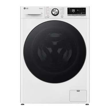 LG F2V7SLIM9, Klasse A, Waschmaschine Slim 9 kg, 60x47.5x85 cm, Wi-Fi, AI Direct Drive, Tiefenreinigung mit Dampf, TurboWash 360°, Außentür aus Gehärtetem Glas, Weiß mit Schwarzem Bullaugenring