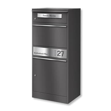 Metzler Briefkasten und Paketbox rostfrei und massiv, paketbox draussen groß XXL, Standbriefkasten modern, Paketkasten, Postbox in DB 703 Eisenglimmer mit Namensgravur, Modell Bispo 2