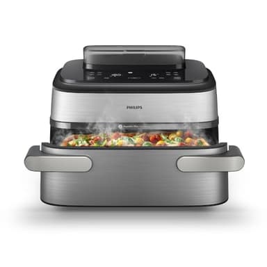 Philips Steam Airfryer 5000 Series Megabasket - Heißluftfritteuse mit Dampf-Funktion - Steam, Airfry, SteamFry, 9.5L Megabasket oder 3L + 6L Dual Basket, Korbtrenner, Dampfreinigung (NA565/00)