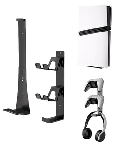 AmoreTempo Wandhalterung für PS5/PS5 Slim/PS5 Pro Disc & Digital, Stahl Halterung Wand mit Controller und Kopfhörer-Halterung für PlayStation 5 PS5-Zubehör aus Metall（ Belastbarkeit 15kg）, Schwarz