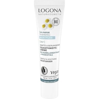 LOGONA Naturkosmetik PUR Sanfte & beruhigende Feuchtigkeitscreme mit Bio-Kamillenextrakt & Probiotika, pH-hautneutrale Pflege für empfindliche Haut, vegane Creme für beruhigte Haut, 30ml
