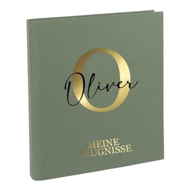 AWASG Zeugnismappe Kinder mit Namen personalisiert | Dokumentenmappe Buchstabe Initiale für Mädchen Jungen | Zeugnisordner Leinen zum Einsortieren von Urkunden (Olive)