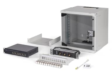 DIGITUS 10 Zoll Netzwerk-Set – 6HE Netzwerkschrank – Fachboden – Steckdosenleiste – 8-Port Switch – 12-Port Patchpanel – 12 Keystone Module – 10 Patchkabel – SOHO Pro – Grau