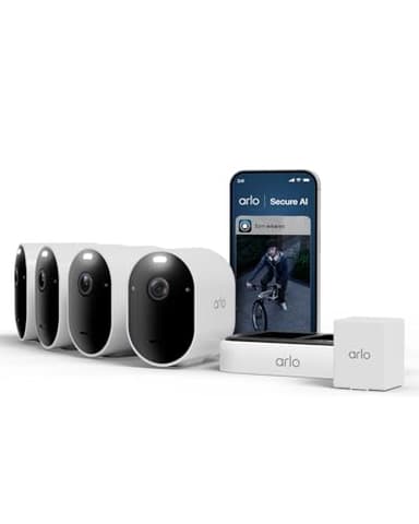 Arlo Pro 6 Überwachungskamera Aussen WLAN, Kabellos, 2K+HDR, Farb-Nachtsicht, Zwei-Wege Audio, Bewegungserkennung, mit Arlo Secure Testzeitraum, 4er Set mit extra Batterie und Doppelladestation