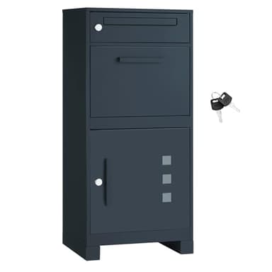 SONGMICS Paketbox, Paketbriefkasten, Briefkasten mit Paketfach, Paketkasten XXL, für Briefe, Pakete, Schloss mit Abdeckung, 2 Schlüssel, Stahl, anthrazit GMB091GZ01