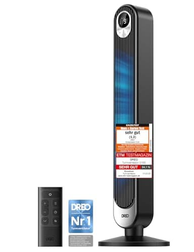 DREO DC Motor Turmventilator Leiser, 11M Windentfernung Ventilator mit Kühlung Fernbedienung, 9 Stufen 4 Modi, 90° Oszillierender Stand Ventilatoren für Schlafzimmer, Tower Fan mit 12H Timer