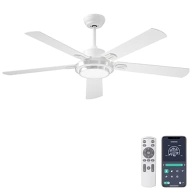 Ohniyou 132 cm (52 Zoll) Deckenventilator mit Beleuchtung und Fernbedienung, App-Steuerung, Dimmbar, Reversibel, Leiser DC-Motor, Innen-und Außenbereich Deckenventilator für Schlafzimmer Terrasse Weiß