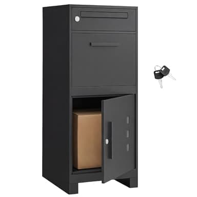 SONGMICS Paketbox, Paketbriefkasten, Briefkasten mit Paketfach, Paketkasten XXL, für Briefe, Pakete, Schloss mit Abdeckung, 2 Schlüssel, Stahl, schwarz GMB091B01