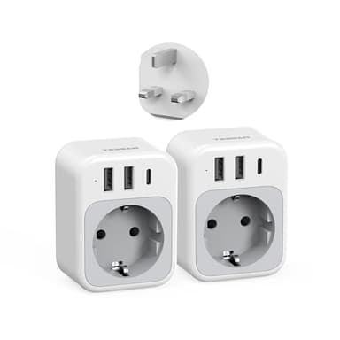 TESSAN 2er Pack UK Adapter England Deutschland Stecker, 4 in 1 Steckdosenadapter England mit USB C und 2 USB A, Reiseadapter UK 3250W, Adapter Typ G für Schottland Irland London Malta Dubai Maldives