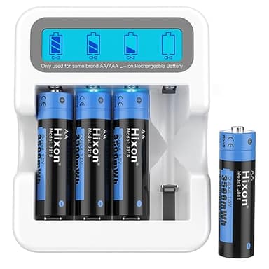 Hixon Wiederaufladbare 1,5V AA Lithium Akku, 3500 mWh mit 1600 Langen Zyklen, 2,0 Stunden Schnellladung, 4 Stück Lithium 1,5V AA Akku und Weißem Smart LCD-Display Ladegerät