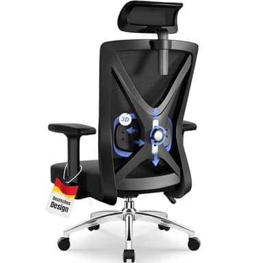Daccormax Bürostuhl, Schreibtischstuhl Bürostuhl ergonomisch mit Verstellbaren Armlehnen, Weiche Lendenstütze aus Naturschwamm und Kopfstütze, Chefsessel Drehstuhl Wippfunktion 200 kg, Schwarz